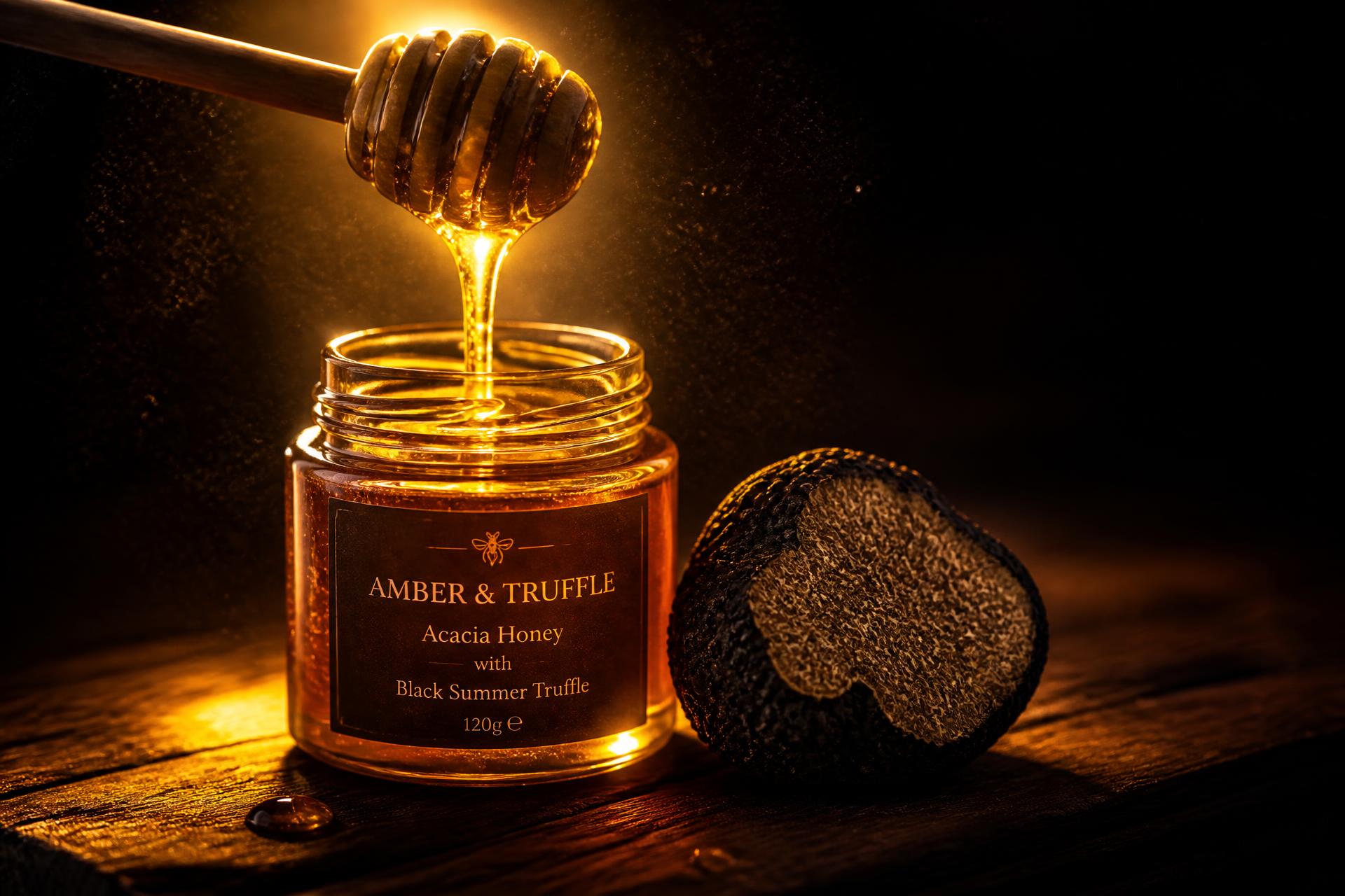 Black truffle on a gold-rimmed dish, dark luxury still life
